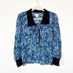 VTG Jean Halm Women's 6 Green and Blue 100% Silk Blouse Neck Tie Velvet‎ Accents